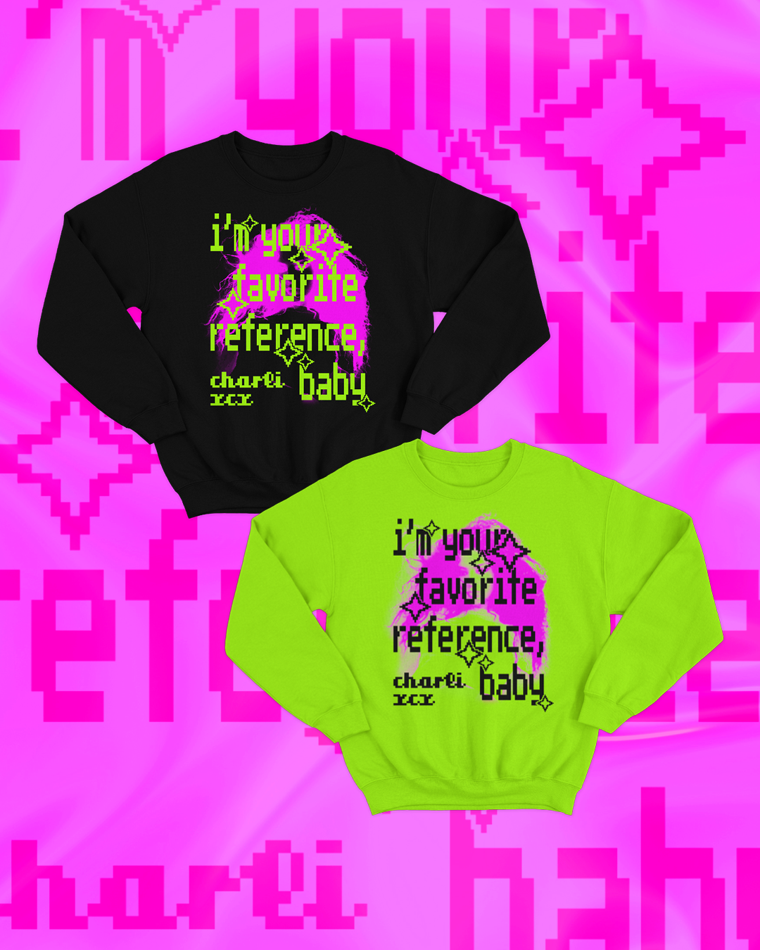 two sweatshirt mockups, one black and one bright green, showcasing two color variations of the same design