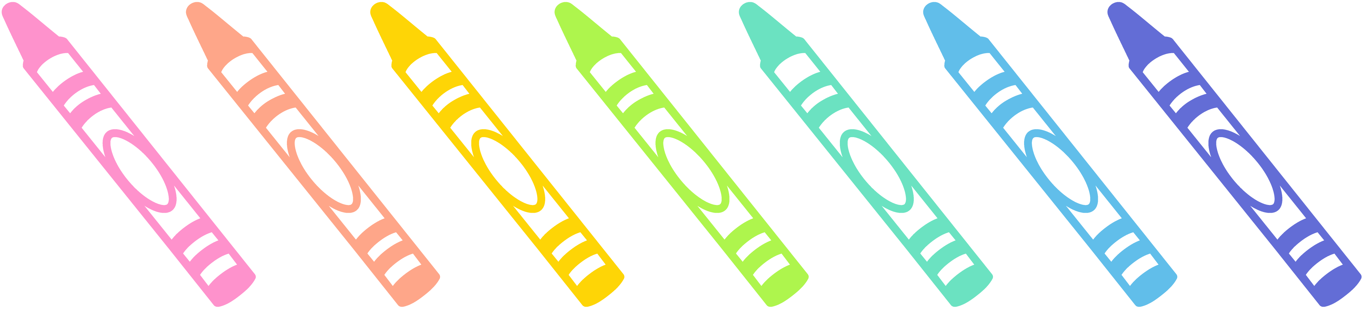 An illustration depicting 7 crayons, in the order of light pink, peach, yellow, bright green, teal, light blue, and dark purple. These colors are the same used in the 'it's not a phase' bubble letters at the top of the page. The crayons are arranged in a row and each is tilted diagonally, with the tips facing up left.