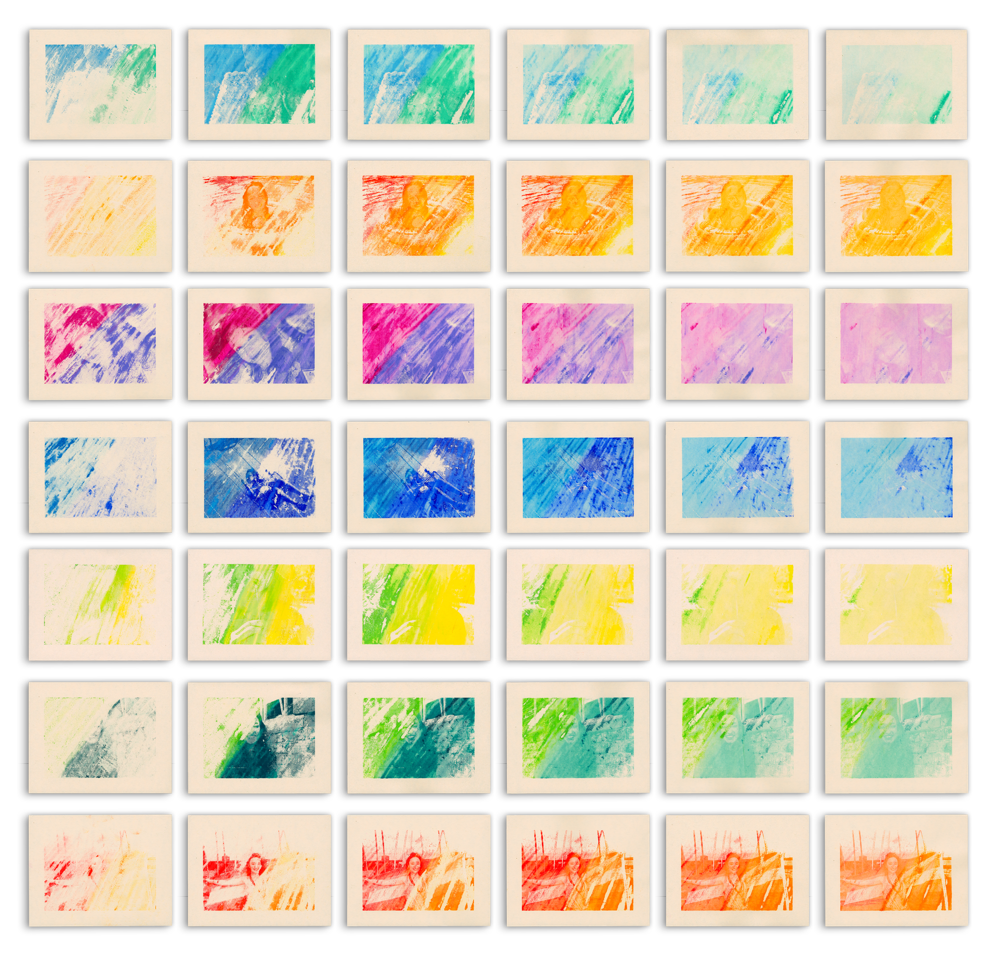 A grid of 42 colorful monoprints, organized into 6 columns and 7 rows. Down each column are prints of various photographs in multi-colored gradients, arranged in chronological order. Across each row is a series of ghost prints created from the prints on the left. The prints have a slight drop shadow and are on a white background.