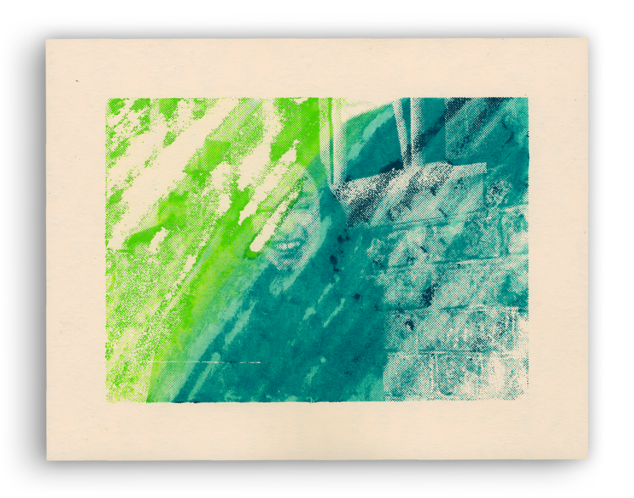 A ghost print from the 6th row of prints. As the ghost prints progress, the colors bleed into each other more and gradually fill the negative space, before getting fainter again.