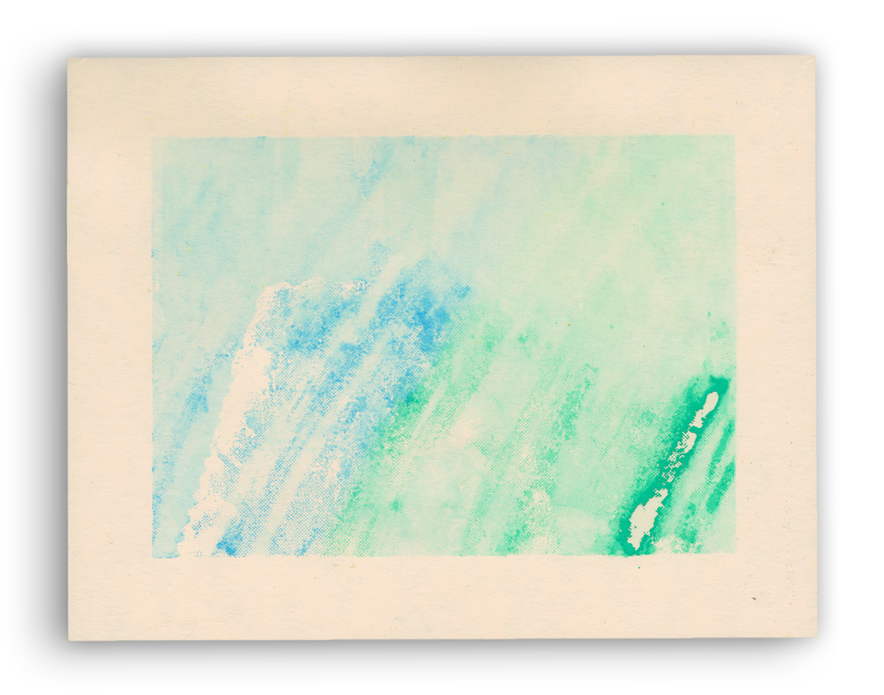 A ghost print from the top row of prints. As the ghost prints progress, the colors bleed into each other more and gradually fill the negative space, before getting fainter again.