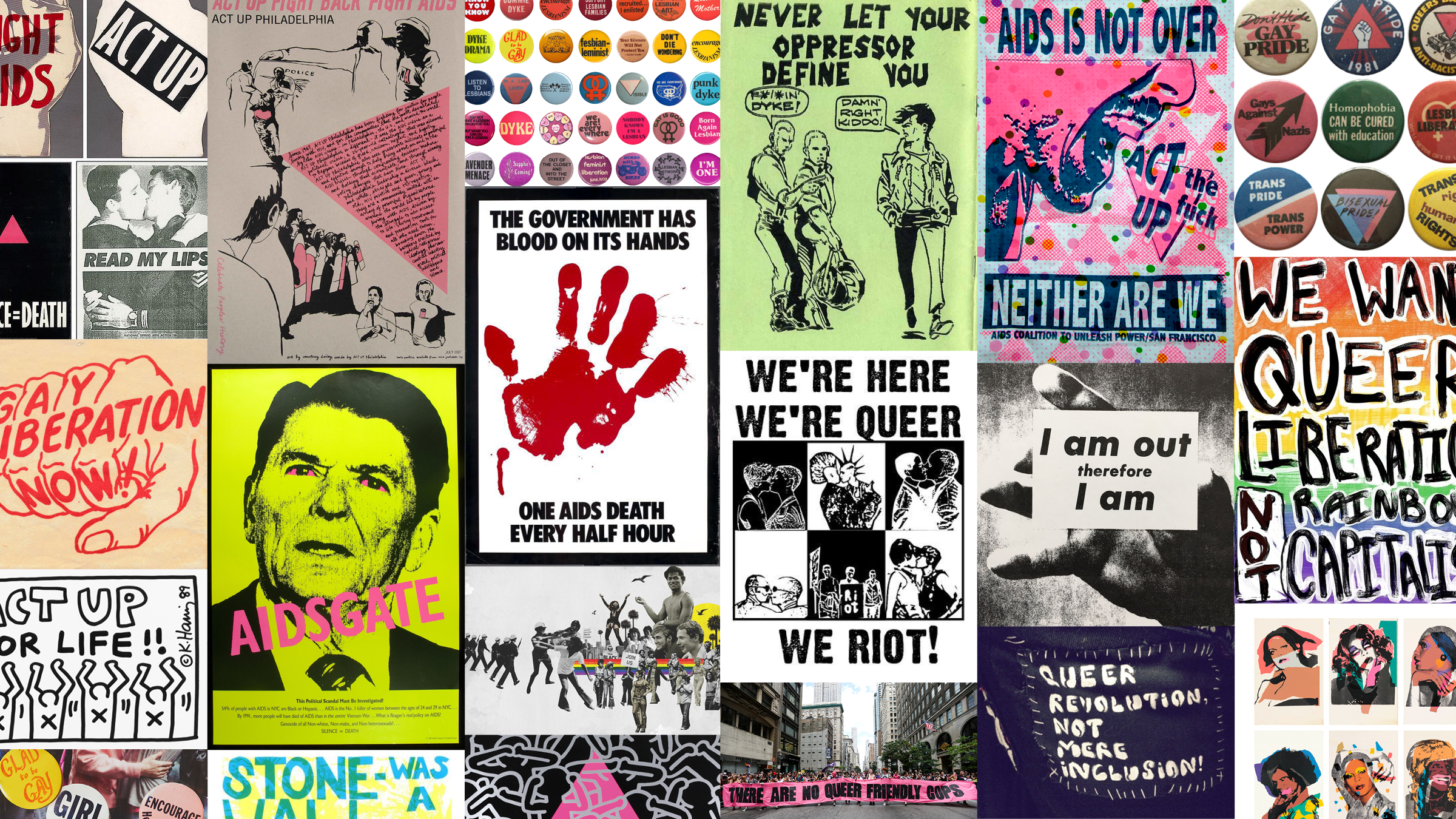 a collage of various prints, paintings, drawings, flyers, photographs, and buttons from queer history. Many of the flyers are from the AIDS crisis, with works of gran fury's ACT UP, andy warhol, keith haring, and others, while other pieces are more modern, discussing issues like rainbow capitalism.