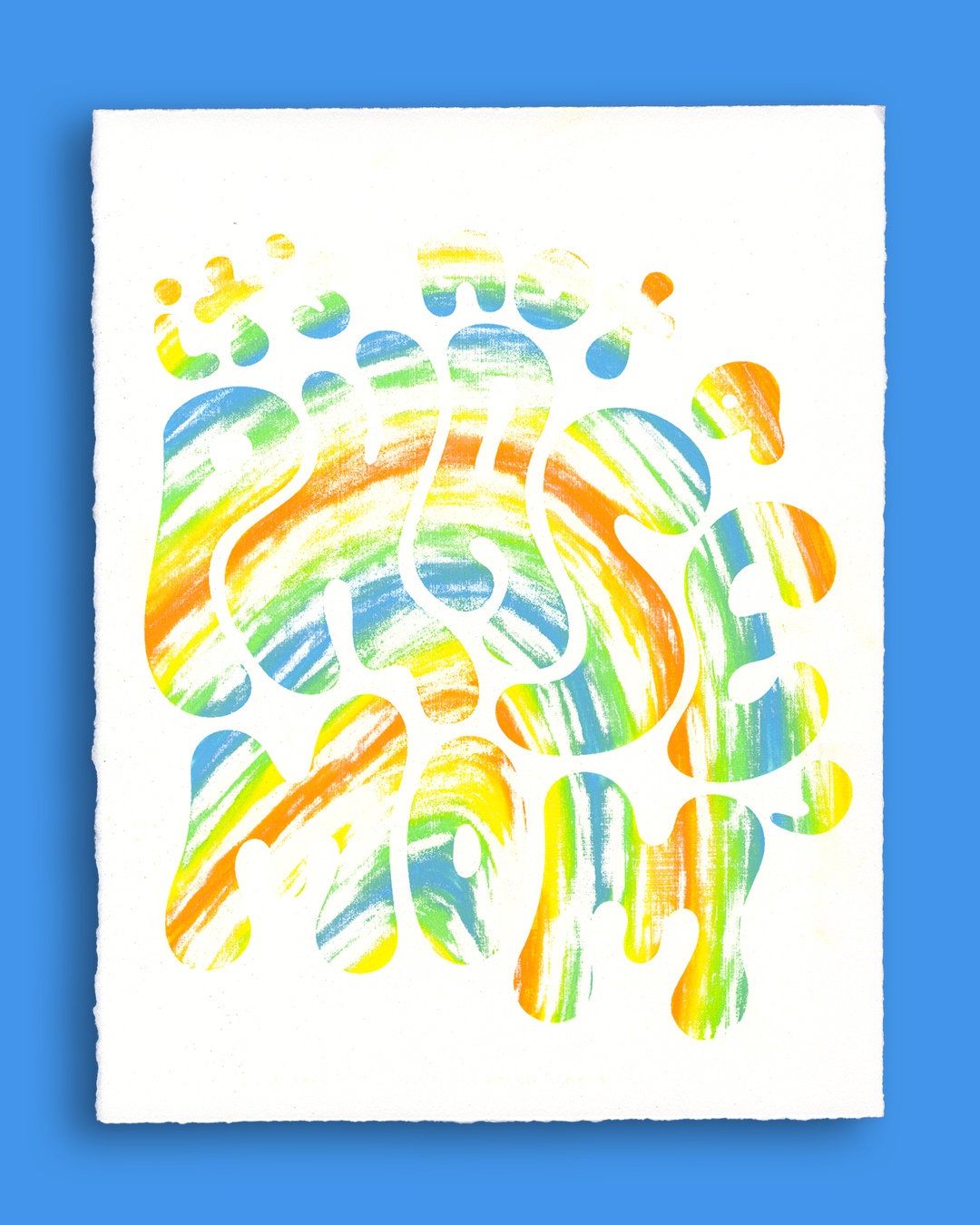 A new print of the same design but in an arc-shaped gradient of orange, yellow, green, and blue. The type is chalky and has a lot of white space, making it less legible.